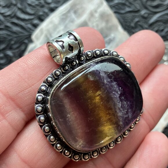 Yellow and Purple Rainbow Fluorite And Citrine Crystal Stone Jewelry Pendant - Picture 4 of 7